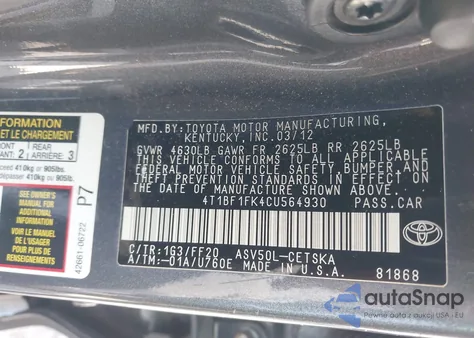 2013 Toyota Camry Se z USA, uszkodzony, nr VIN 4T1BF1FK4CU564930